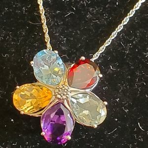 Sterling silver semi precious stones flower necklace